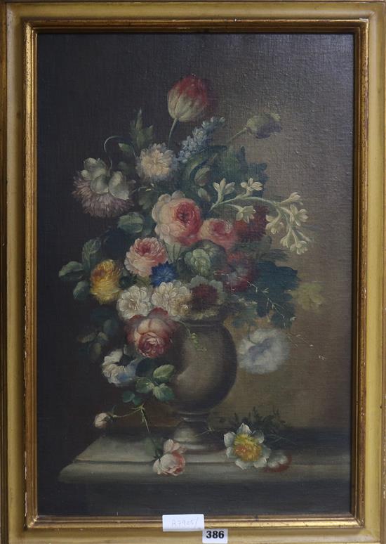19th century, oil on canvas laid on board, still life flowers in a vase, 59 x 39cm